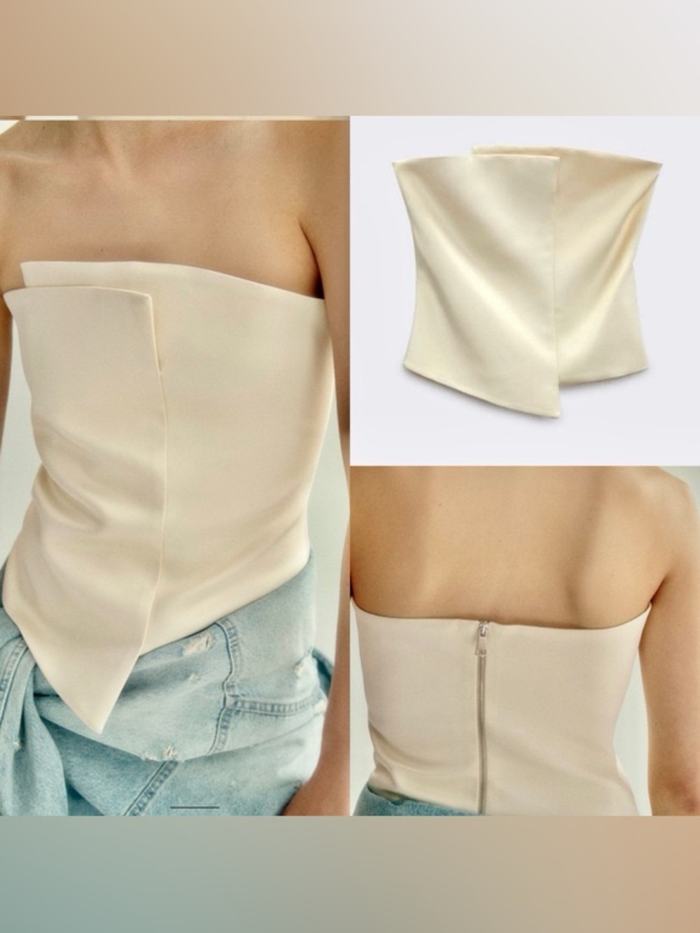 Zara Cream Strapless Asymmetric Satin Corset Top
